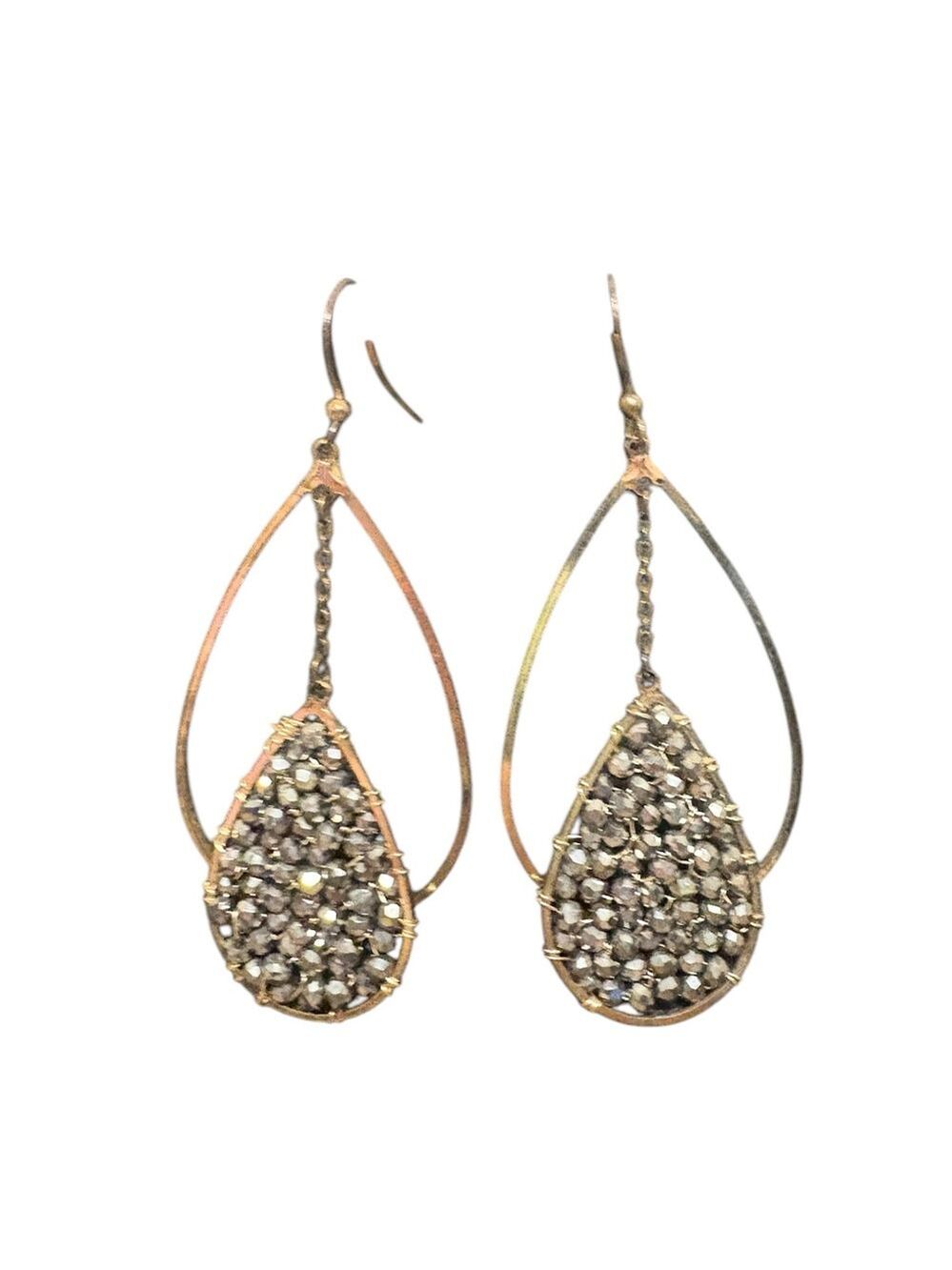 Teardrop beaded mixed metal 3 inch antique gold fish hook earrings long drop